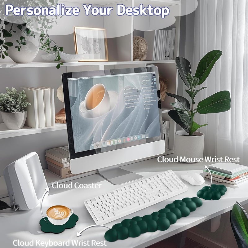 Sushret Cloud Wrist Rest for Keyboard and Mouse, Memory Foam PU Leather Keyboard Wrist Rest with Ergonomic Support, Non-Slip Base, Cute Arm Rest Pad & Palm Cushion, Office Desk Accessory, Dark Green - Image 2